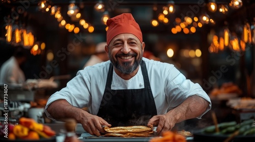 Smiling chef serving delicious dish at vibrant outdoor food market in the evening