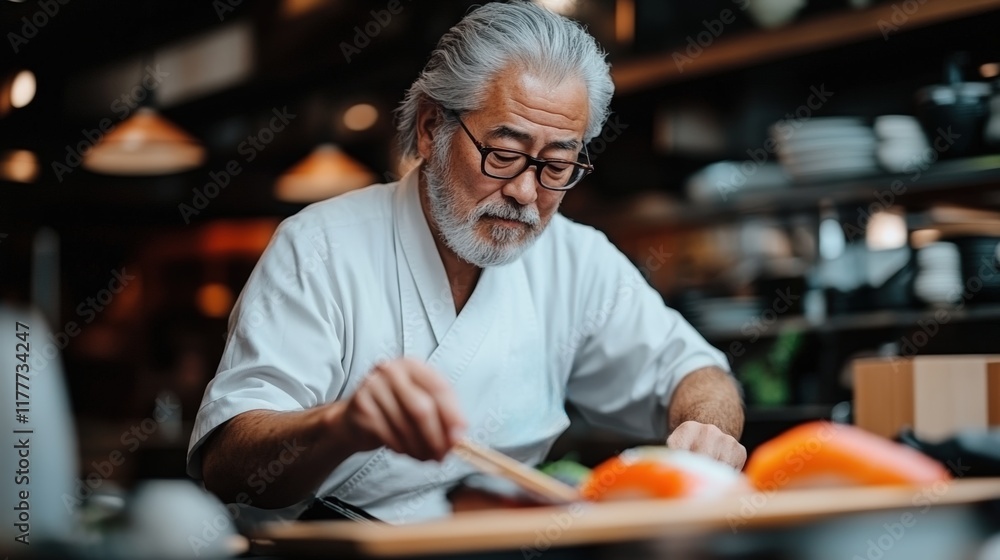 Skilled sushi chef prepares fresh sushi at an upscale restaurant in the evening hours Skilled sushi chef prepares fresh sushi at an upscale restaurant in the evening hours