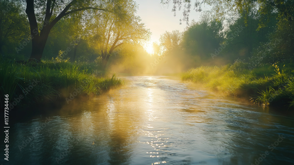 Obraz premium Gentle camera movement along a riverbank on a bright spring morning showcasing the peaceful scenery