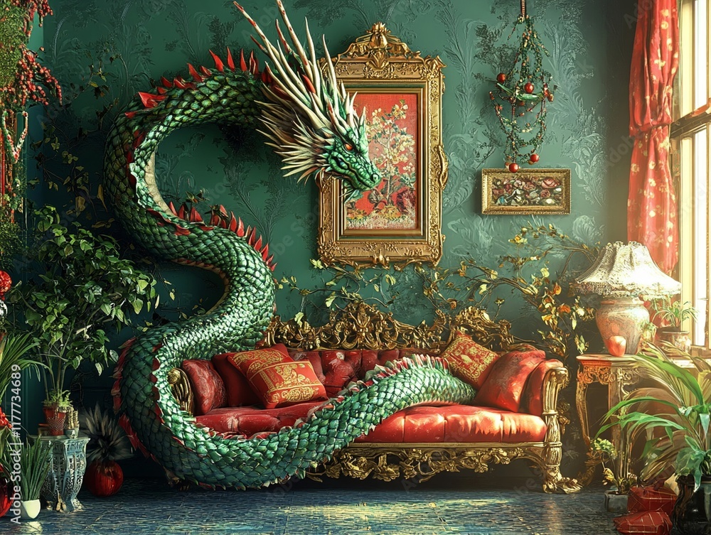 Fototapeta premium A majestic dragon coils elegantly around luxurious red sofa in vibrant room adorned with intricate decor