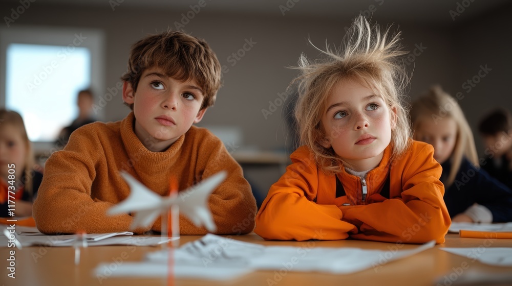 Children engaged in creative learning activity in a bright classroom environment Children engaged in creative learning activity in a bright classroom environment