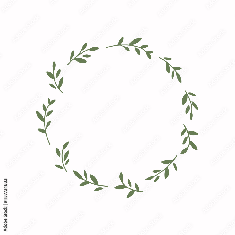 Round botanical frame element with green branch. Simple contour vector illustration for postcards, invitations. Round botanical frame element with green branch. Simple contour vector illustration for postcards, invitations.