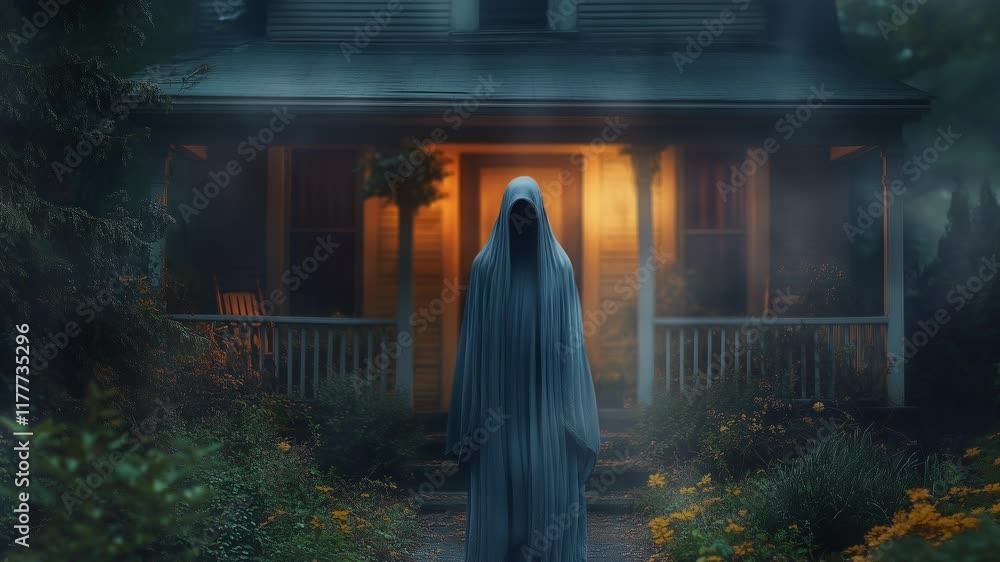 Eerie figure in a cloak standing outside a dimly lit house surrounded by flowers at dusk Eerie figure in a cloak standing outside a dimly lit house surrounded by flowers at dusk