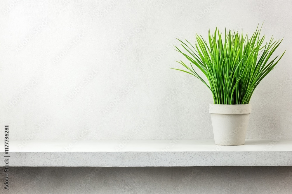 Fototapeta premium Minimalist composition with green plant on shelf against clean white background for design and presentation purposes