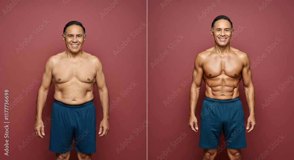 Fototapeta premium Fitness transformation of hispanic mature male with focus on health journey