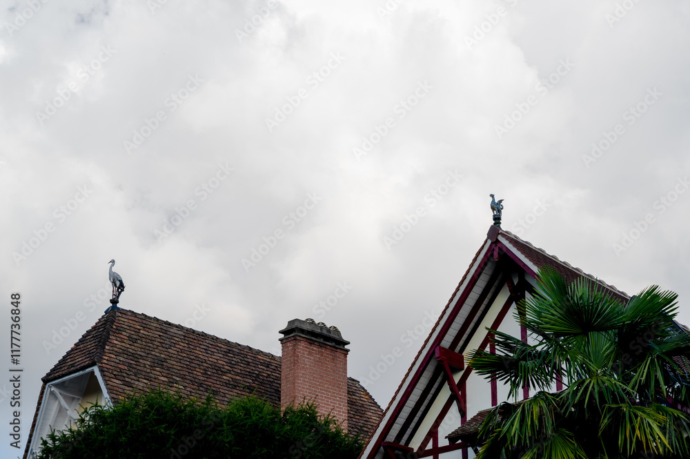Roofs of old houses with animal figures on the ridge of the roof. Amulets and charms of the hearth. Roofs of old houses with animal figures on the ridge of the roof. Amulets and charms of the hearth.
