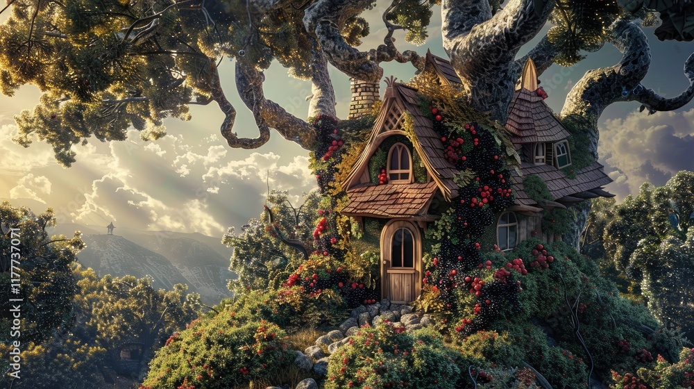 Naklejka premium A fairy house atop an evergreen tree, surrounded by blackberry bushes