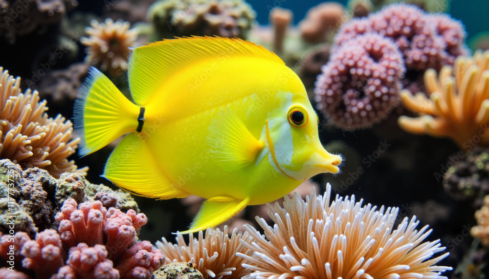 Fototapeta premium Vibrant yellow tang swimming among colorful corals, underwater beauty