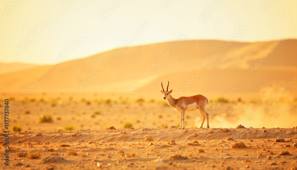 Addax antelope grazing in vast desert landscape, nature's beauty Addax antelope grazing in vast desert landscape, nature's beauty