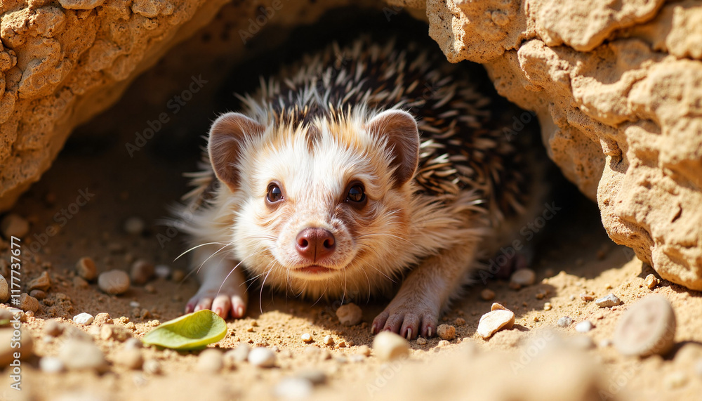 Obraz premium Desert hedgehog peeking out from den in rocky environment, wildlife