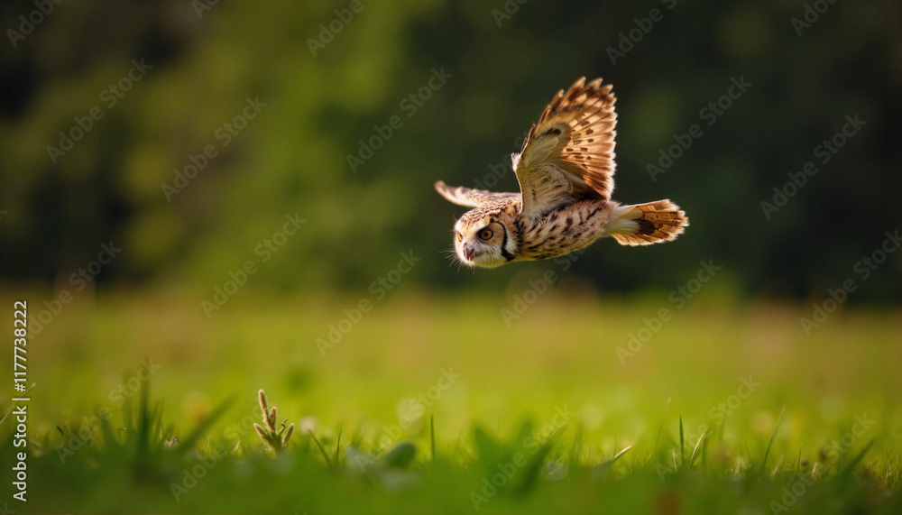 Fototapeta premium Owl gliding gracefully over lush meadow, nocturnal flight