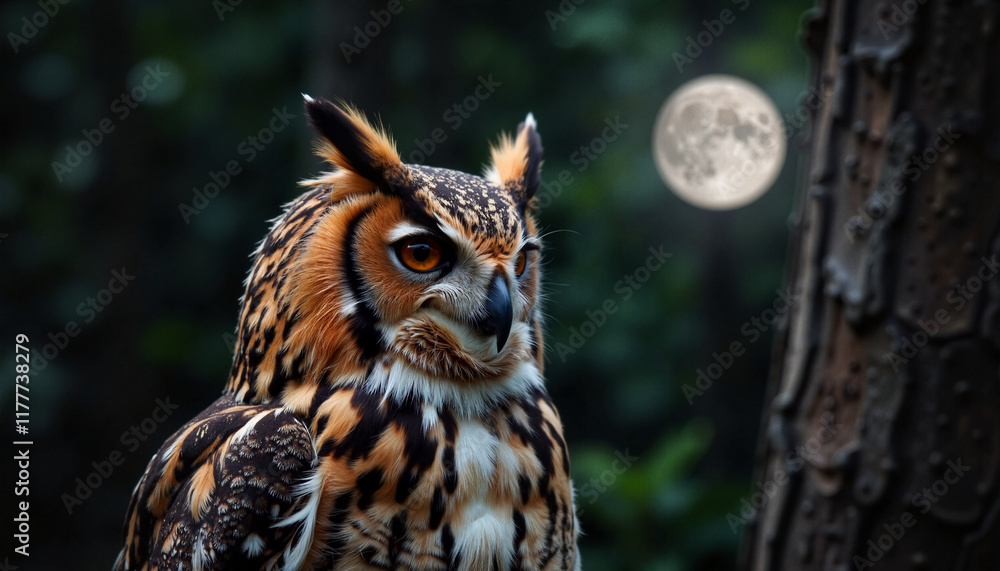 Majestic owl perched under moonlight in forest, nocturnal beauty Majestic owl perched under moonlight in forest, nocturnal beauty