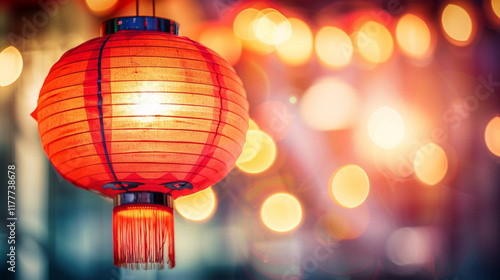 Colorful red lantern illuminating festive atmosphere during nighttime celebration with blurred lights in the background. Generative AI