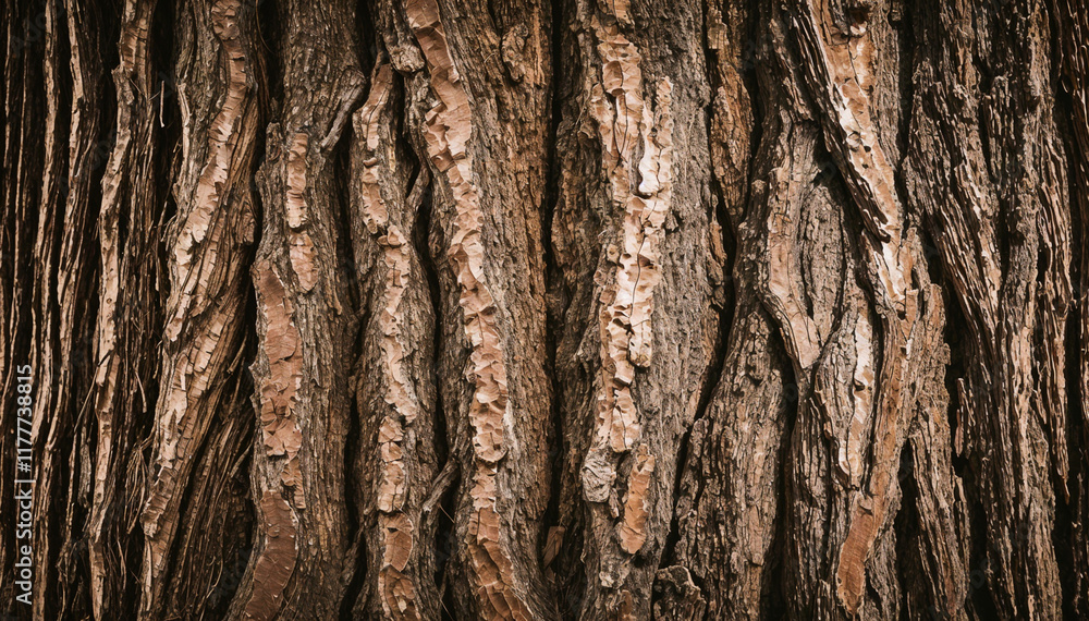 Dark brown tree bark texture shows deep vertical grooves. Dark brown tree bark texture shows deep vertical grooves.