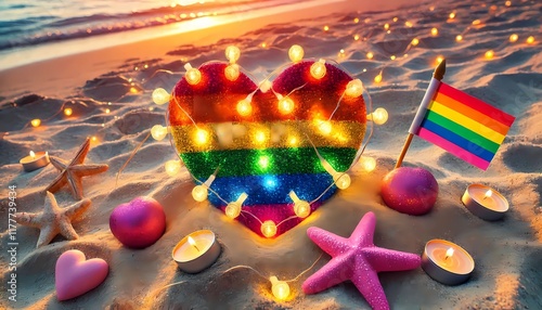 Luminous heart, with the colors of the LGBT+ community, Valentine's Day banner, created with Geberative A.I. photo