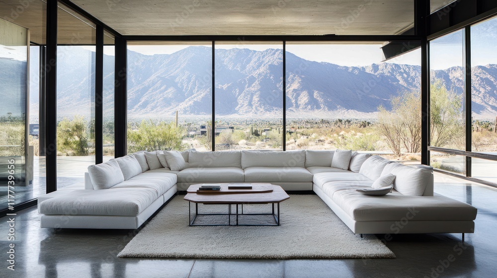 Fototapeta premium Modern sectional sofa in minimalist living room with mountain view.
