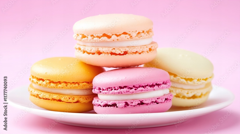 Pastel-colored macarons stacked on a plate. Sweet treats, delicate flavors. Pastel-colored macarons stacked on a plate. Sweet treats, delicate flavors.