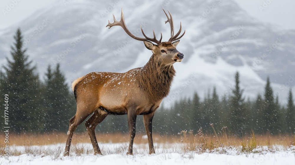 Obraz premium Majestic elk stag in snowy mountain landscape.