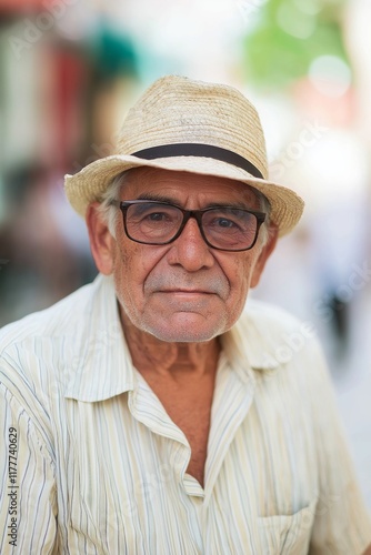 Portrait of an older man with a straw hat, emphasizing wrinkles and the wisdom of age. photo