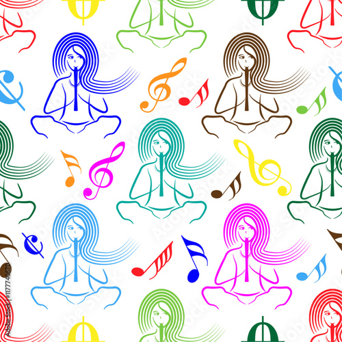 Colorful seamless woman playing flute recorder background vector.