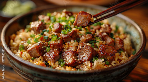 Fried pork rice with herbs and spices pulling up by chopsticks. Quality products, tasty and appetizing food. Asian Chopsuey. photo