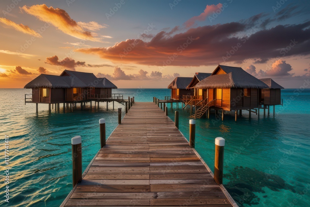 Overwater bungalows Maldives resort turquoise. Overwater bungalows Maldives resort turquoise.
