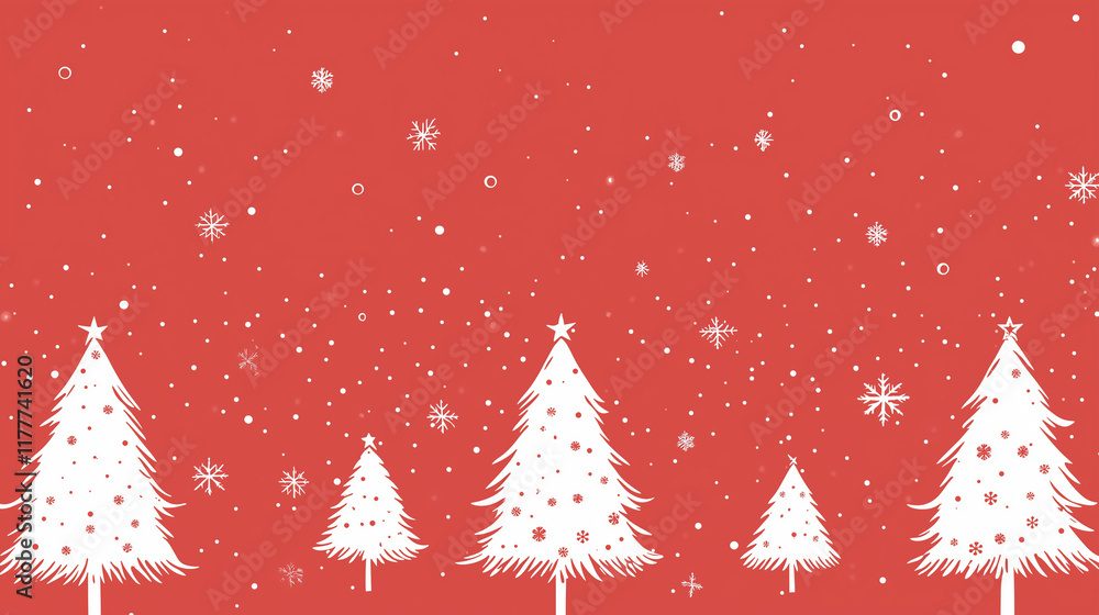 White Christmas trees with snowflakes on red background White Christmas trees with snowflakes on red background