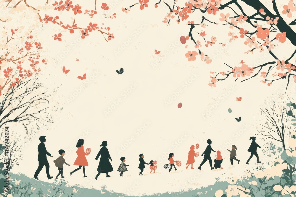 Obraz premium Family Spring Stroll Under Blossoming Trees