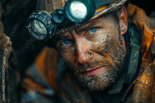 A determined miner emerges from the depths, showcasing grit and resilience amidst dirt and hardship.