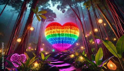 Luminous heart, with the colors of the LGBT+ community, Valentine's Day banner, created with Geberative A.I. photo