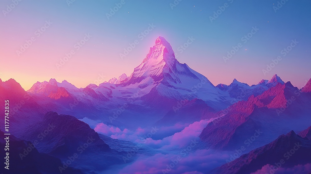 Majestic mountain peak bathed in vibrant sunset hues, with a layer of clouds below. Majestic mountain peak bathed in vibrant sunset hues, with a layer of clouds below.