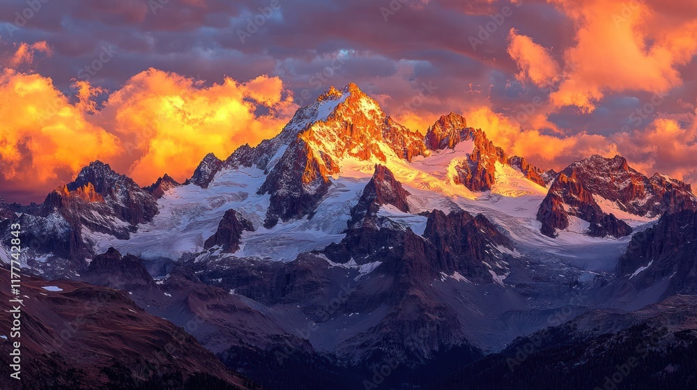 Majestic snow-capped mountain range at sunset.