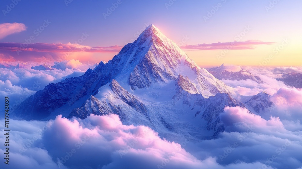 Majestic snow-capped mountain peak above clouds at sunrise. Majestic snow-capped mountain peak above clouds at sunrise.