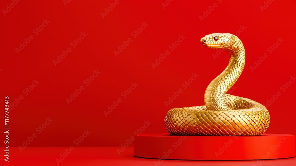 Fototapeta premium A golden snake sculpture stands elegantly on a red pedestal, showcasing a striking contrast against a vibrant red background Chinese New year, Lunar, year of Snake.