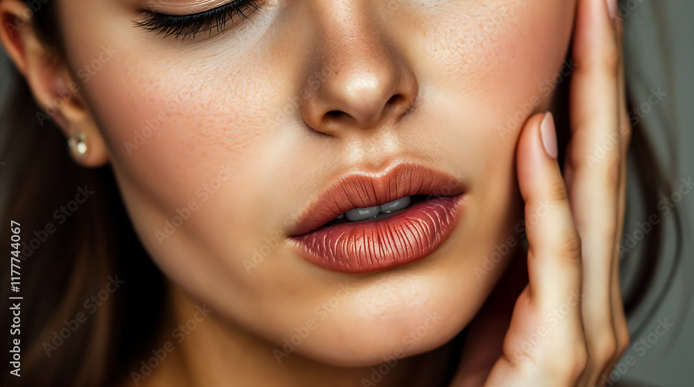 Close up portrait of a woman with peach skin, subtly touching her face, muted browns, soft beiges, warm creams, soft focus, impressionistic style. Close up portrait of a woman with peach skin, subtly touching her face, muted browns, soft beiges, warm creams, soft focus, impressionistic style.