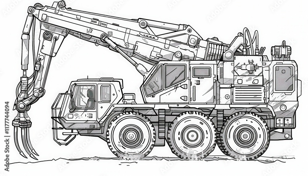 Naklejka premium Rugged six-wheeled crane vehicle with a powerful grapple arm. Ideal for heavy lifting and material handling in challenging terrains. Suggested for construction or disaster relief.