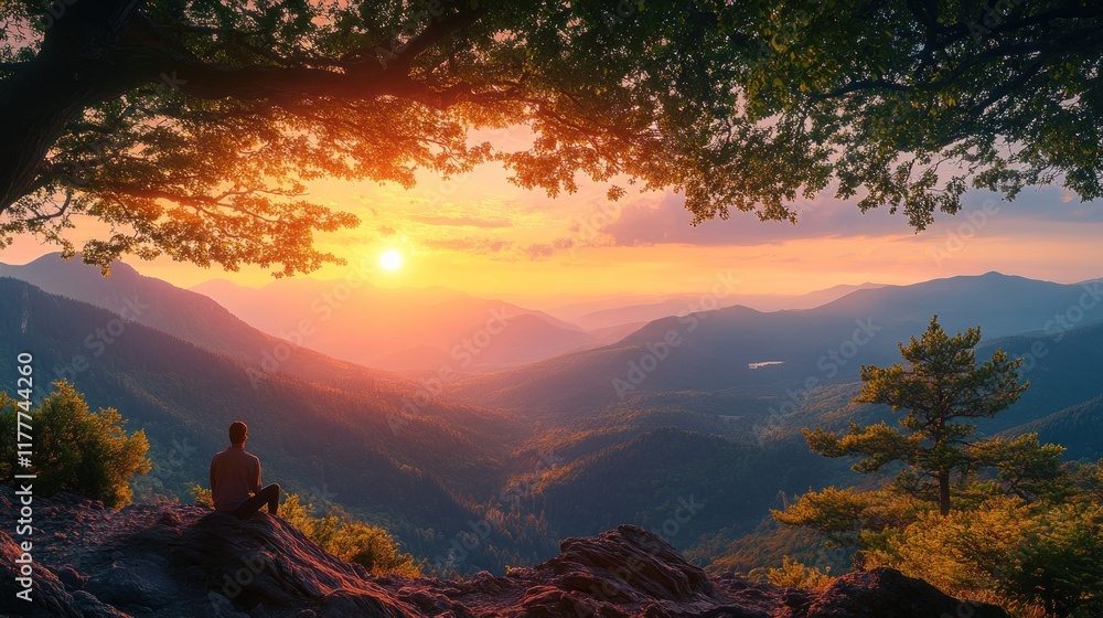 Man meditating on rock overlooking mountain valley sunset. Man meditating on rock overlooking mountain valley sunset.