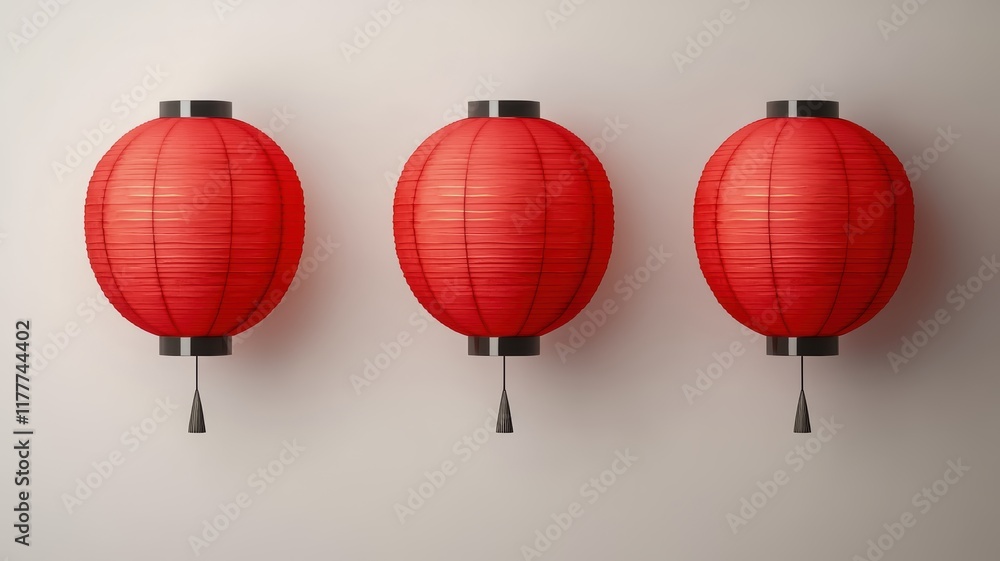 Fototapeta premium Three vibrant red lanterns hang against a neutral wall, adding a touch of color and charm to the space Chinese New year, Lunar, year of Snake.