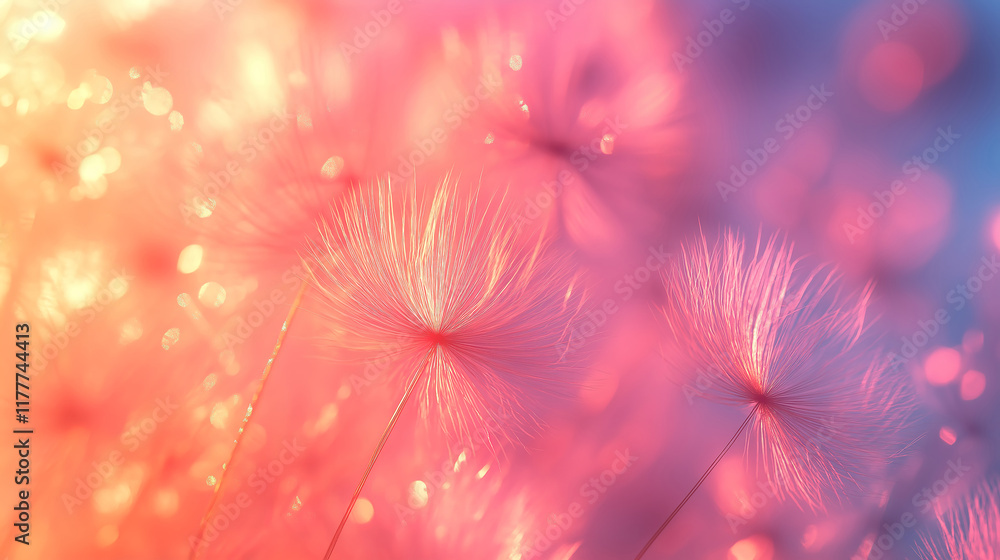 Naklejka premium Dandelion seeds parachute creating a dreamy abstract bokeh nature background pattern