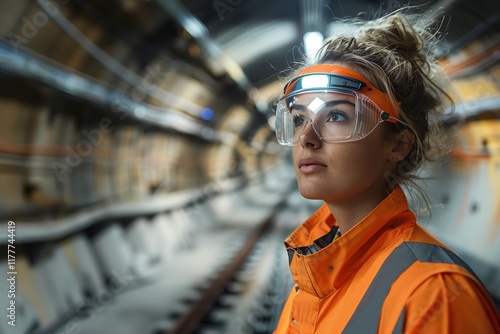 A focused female engineer in safety gear examines an underground construction site, embodying professionalism and dedication. photo