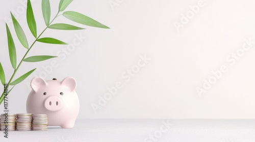 Wallpaper Mural Pink Piggy Bank with Coins and Green Leaf Decor Torontodigital.ca