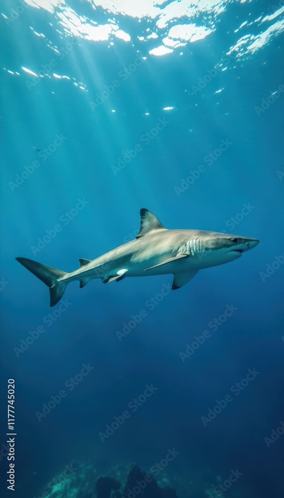Obraz premium Large shark swimming alone on a clear blue ocean background, predator, fish