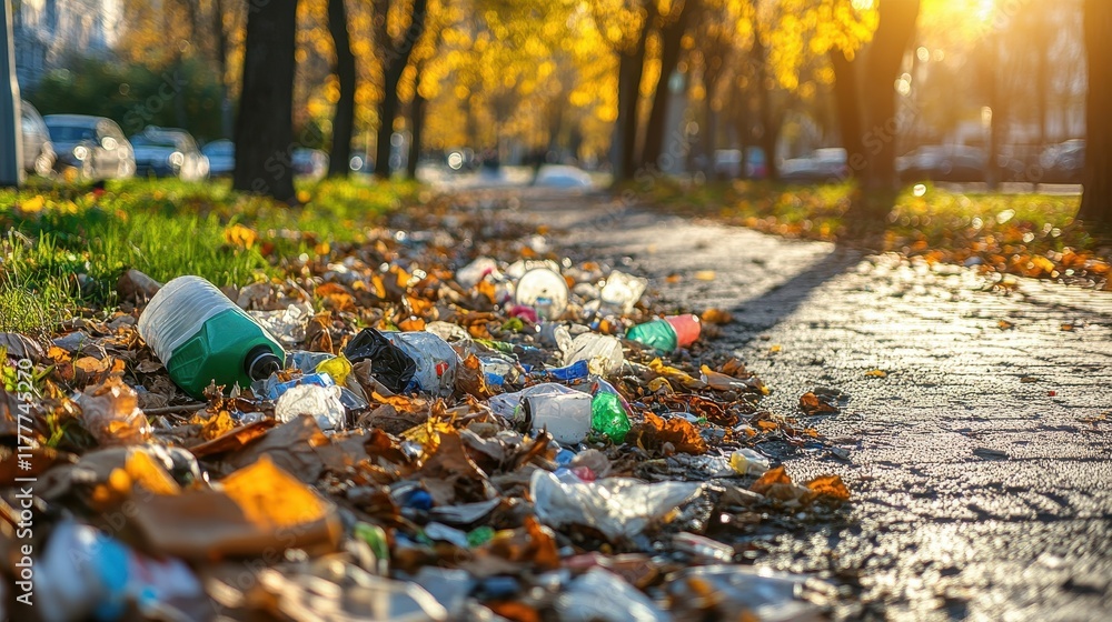 Obraz premium Littered Pathway Amidst Autumn Leaves in Urban Setting