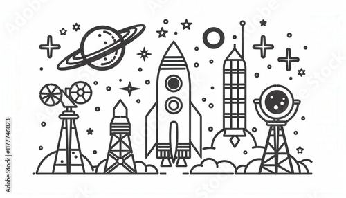 Fototapeta Naklejka Na Ścianę i Meble -  A rocket launching amidst space infrastructure with planets and stars. Ideal for space exploration, science education, or game design applications.
