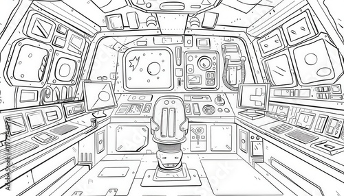 Intricate line art of a spaceship cockpit. Ideal for coloring books, sci-fi illustrations, or game design asset. photo