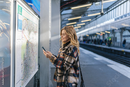 Woman Checking Map at Metro Station photo