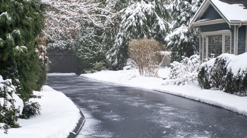 A heated driveway system in action, melting snow as it falls, leaving a clean, dry surface free from ice.