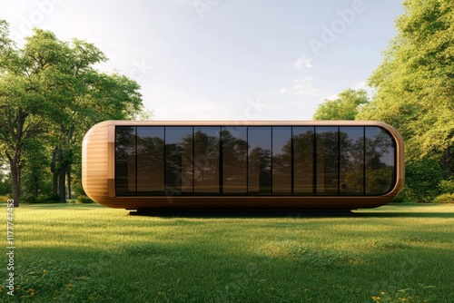 Modern wooden structure surrounded by lush greenery in a serene natural setting