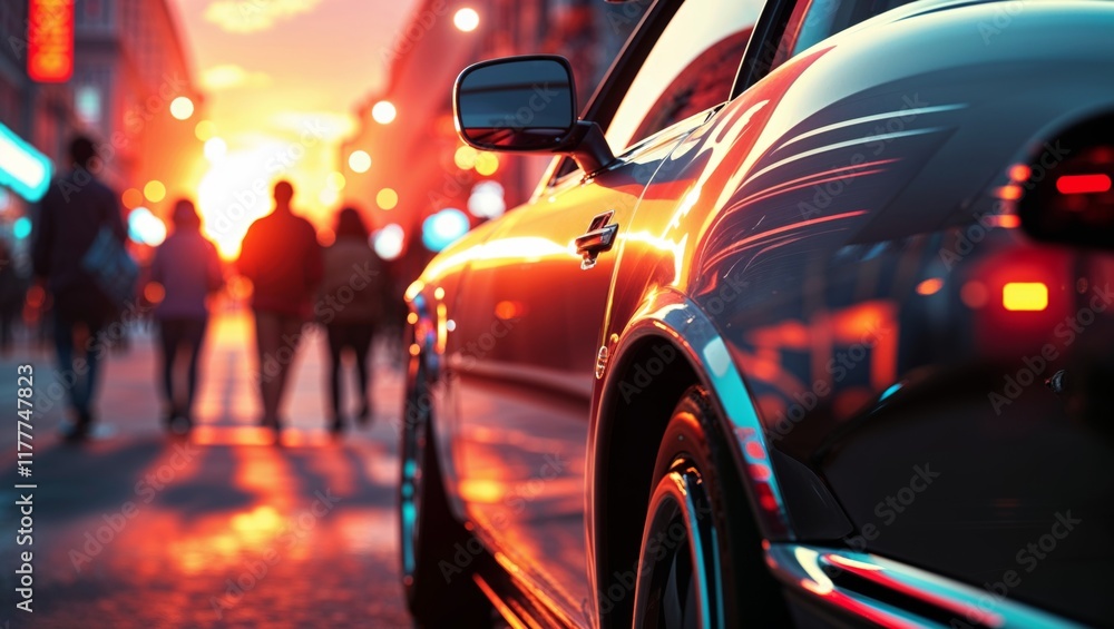 Obraz premium Sunset in the city with a sleek car and pedestrians walking along the bustling street