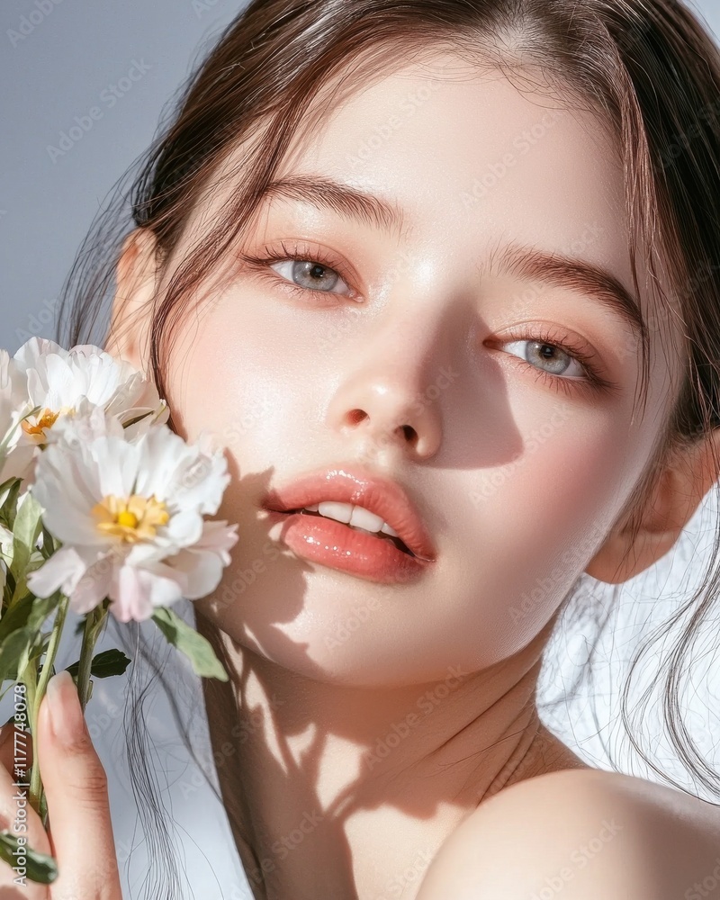 Woman holding fresh flowers in soft light close-up portrait natural beauty serene atmosphere ethereal concept Woman holding fresh flowers in soft light close-up portrait natural beauty serene atmosphere ethereal concept